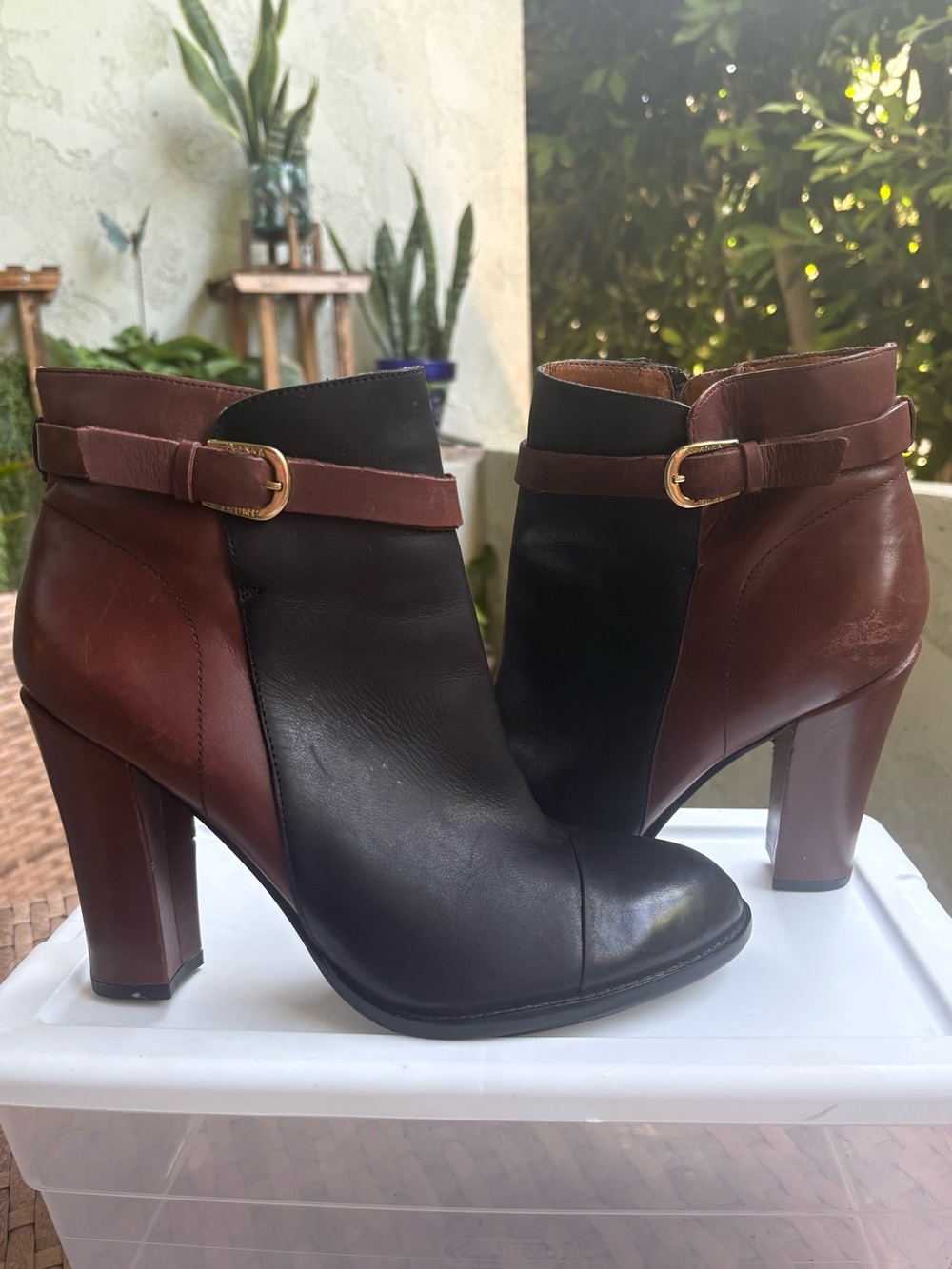 Ivanka Trump 9.5M Leather Ankle Boots Black Burgundy Buckle Heels